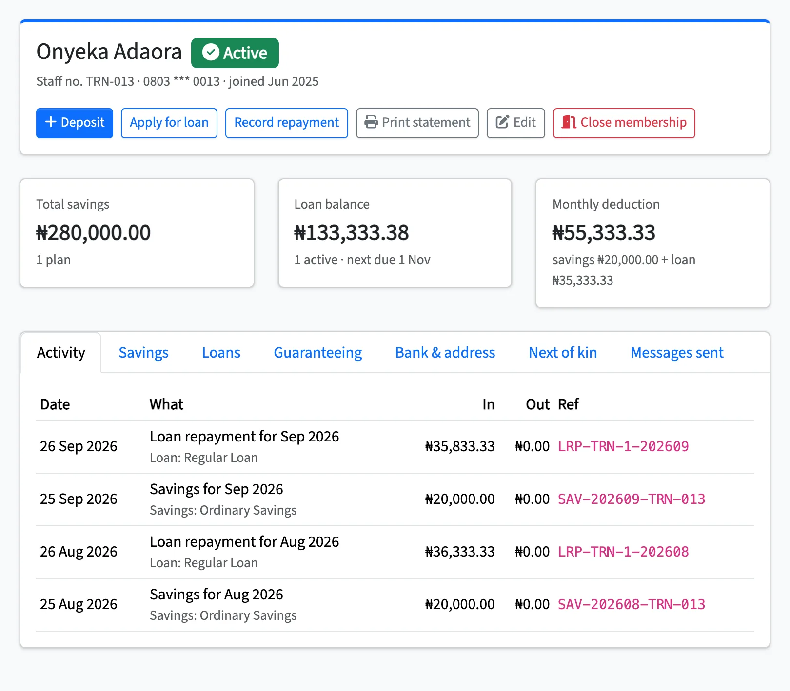 A member’s page in Alajeseku: total savings ₦280,000, loan balance ₦133,333.38 and the monthly deduction