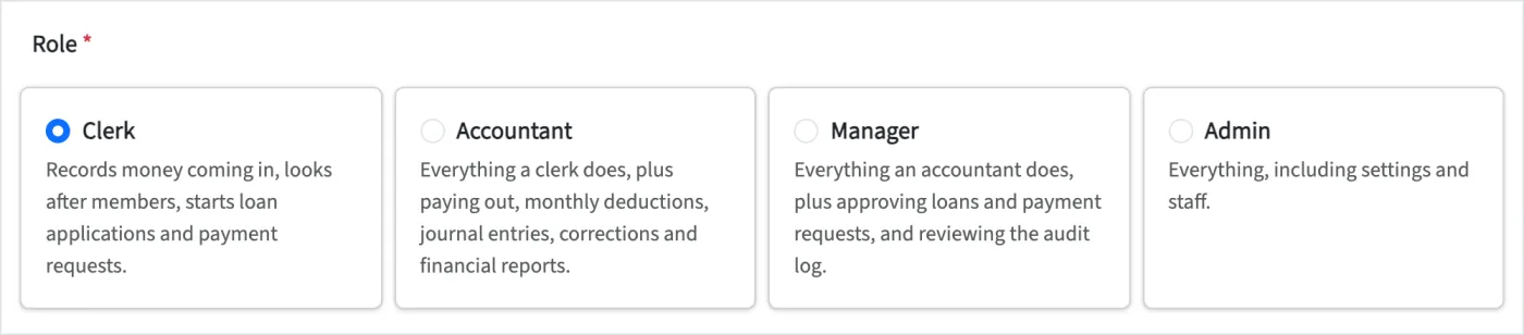 The four staff roles: Clerk, Accountant, Manager and Admin